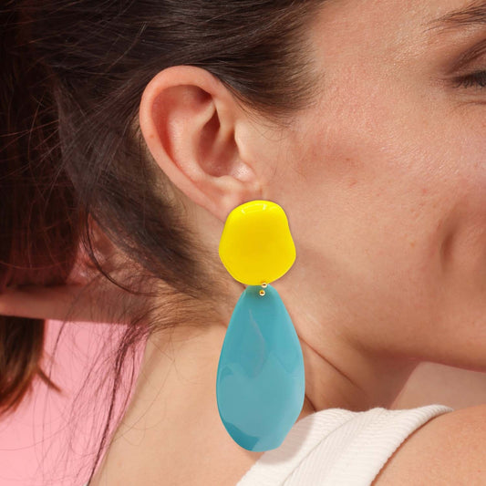 Yellow And Turquoise Pebble Resin Earrings
