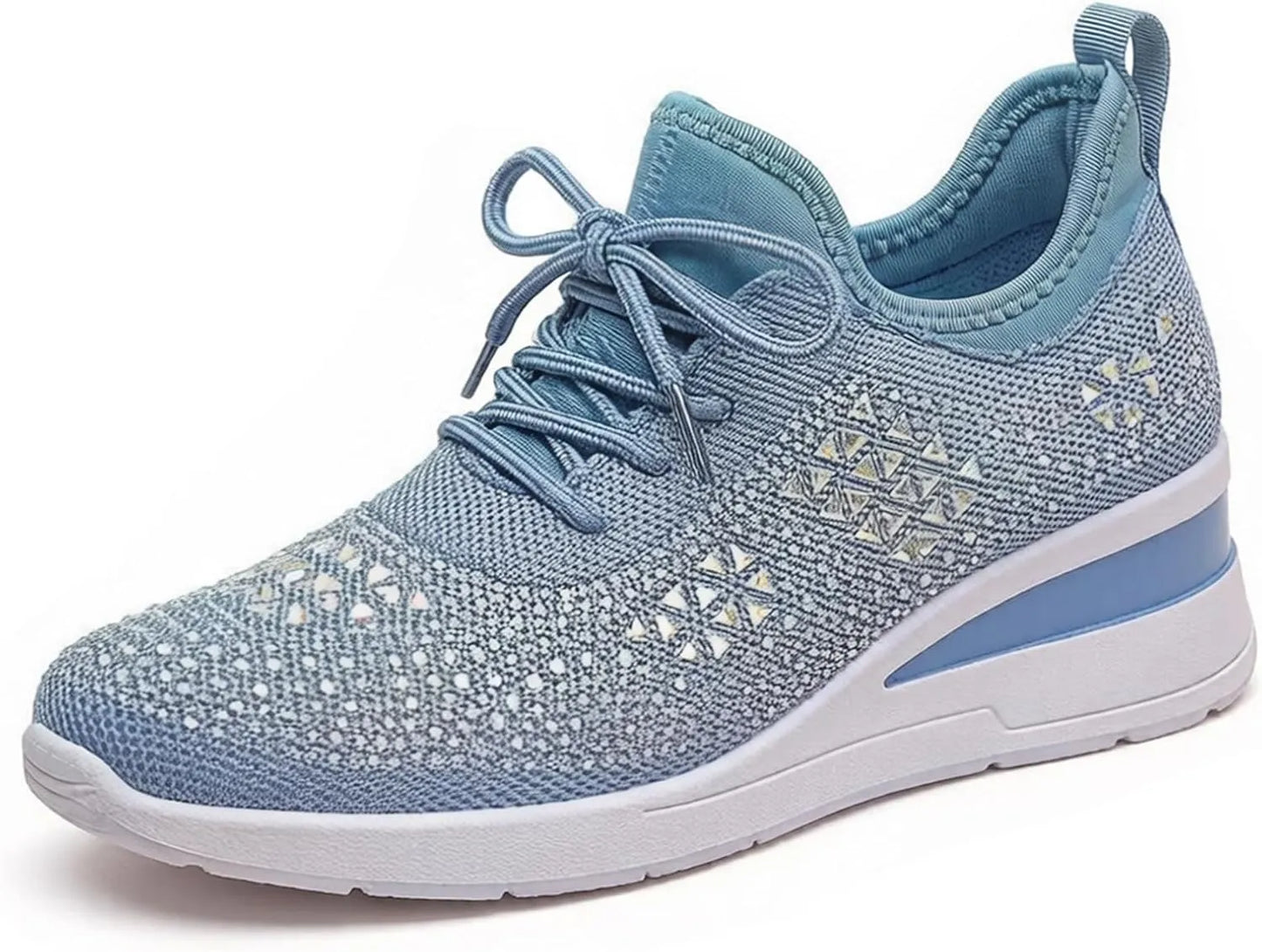 Women’s Rhinestone Wedge Sneakers - Breathable Knit Platform Walking Shoes