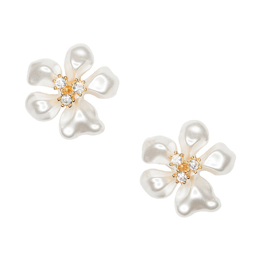 White Pearl Flower Clip Earrings