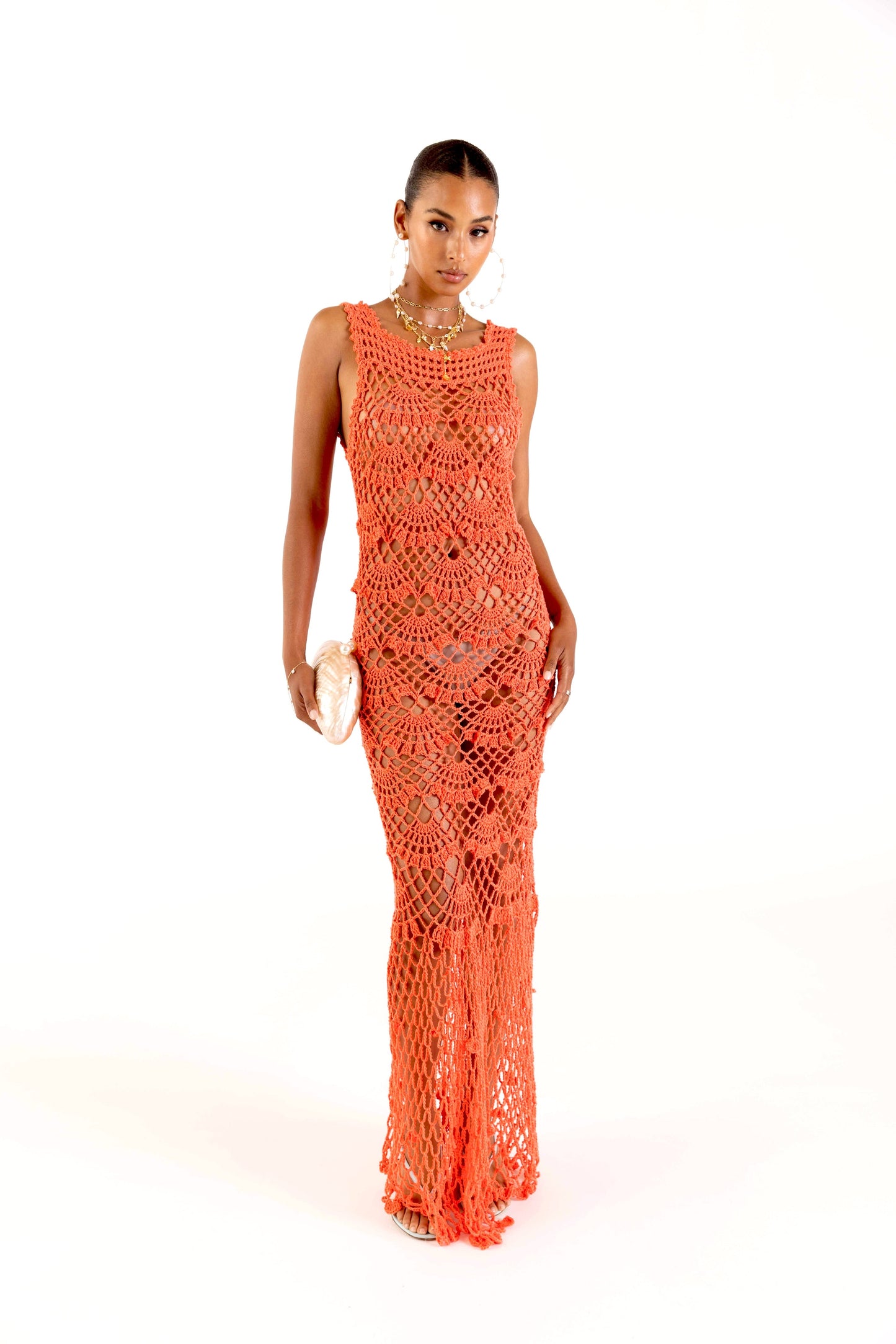 Coral Shell Handmade Maxi Crochet Dress