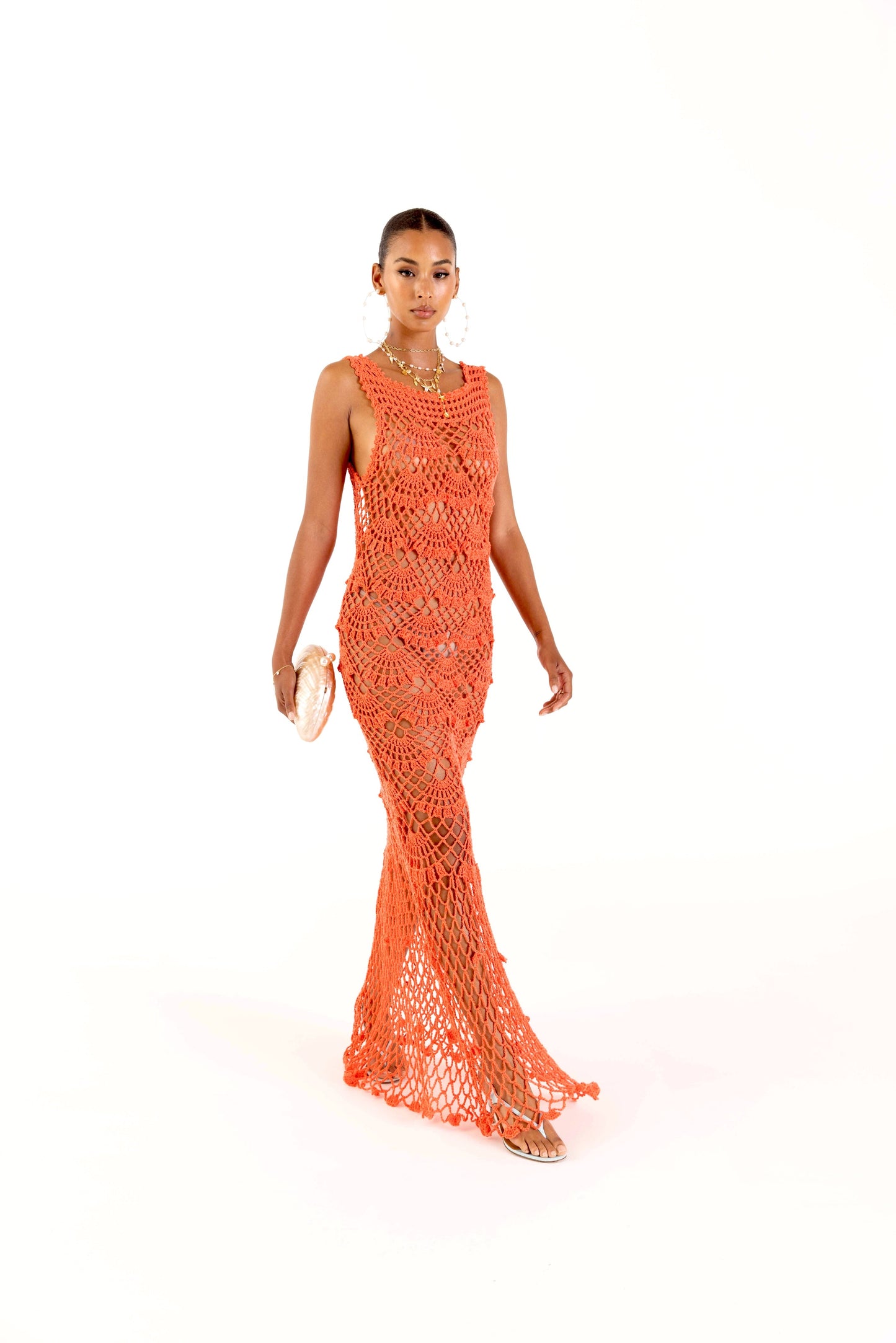 Coral Shell Handmade Maxi Crochet Dress