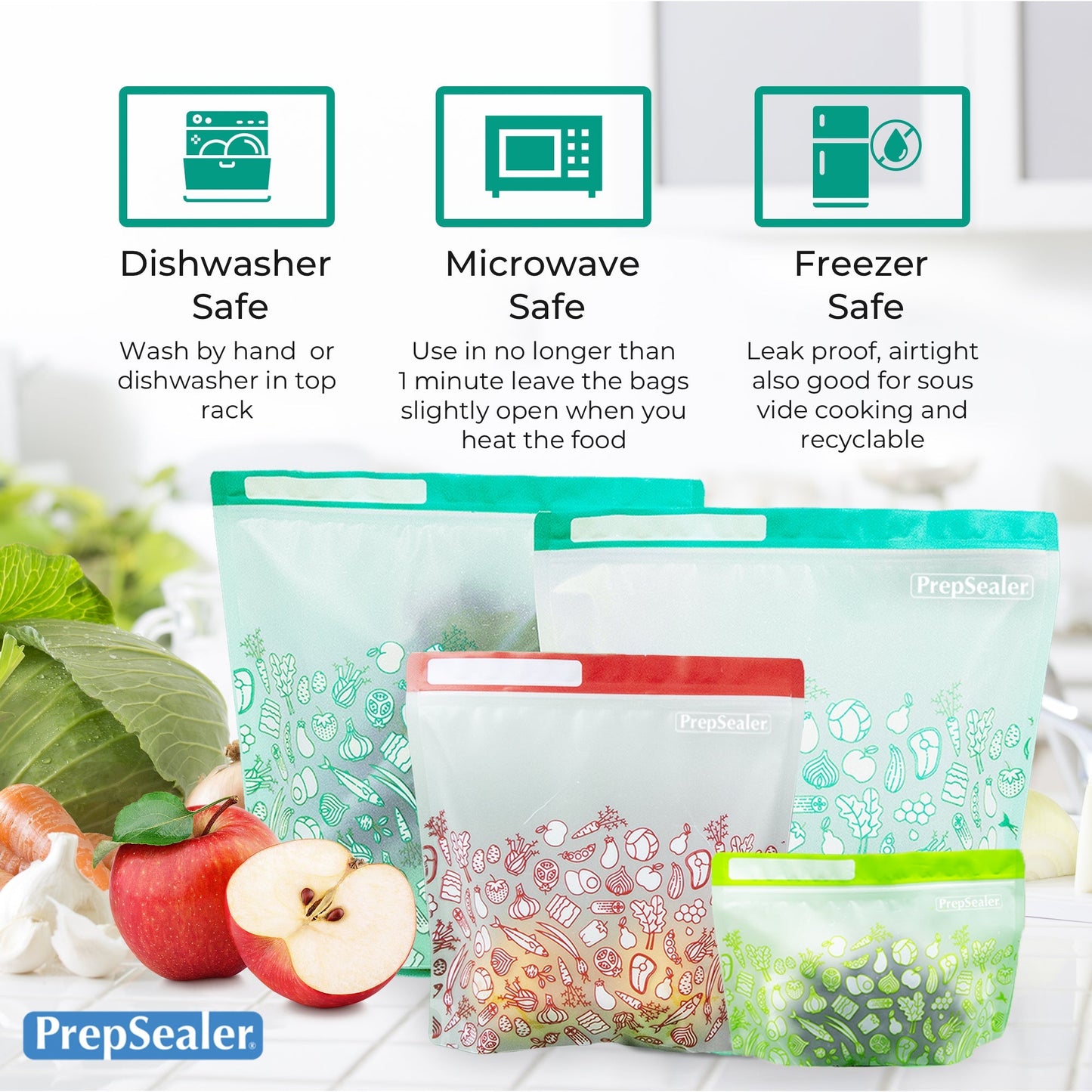 Food Saving Reusable Bag - 10PC Set with window (3 Small, 3 Medium, 4 Large)