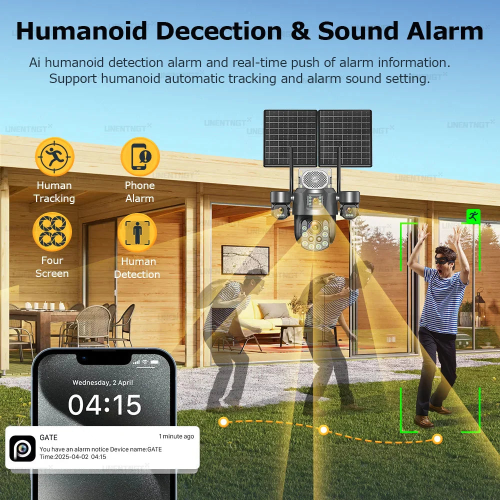 4G SIM Solar Security Camera Outdoor 4 Lens/Screen 60X Optical Zoom Human Track 360° PTZ CCTV Wireless Surveillance 24 Recording