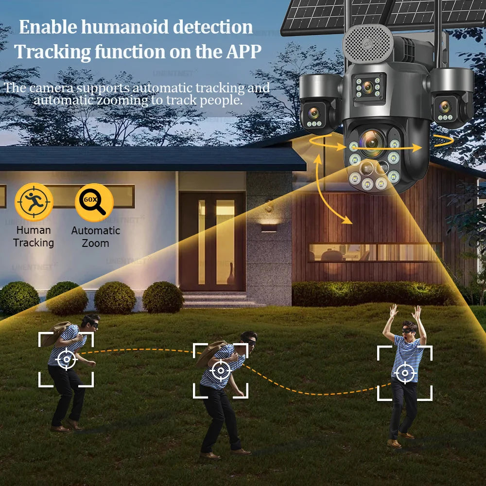 4G SIM Solar Security Camera Outdoor 4 Lens/Screen 60X Optical Zoom Human Track 360° PTZ CCTV Wireless Surveillance 24 Recording