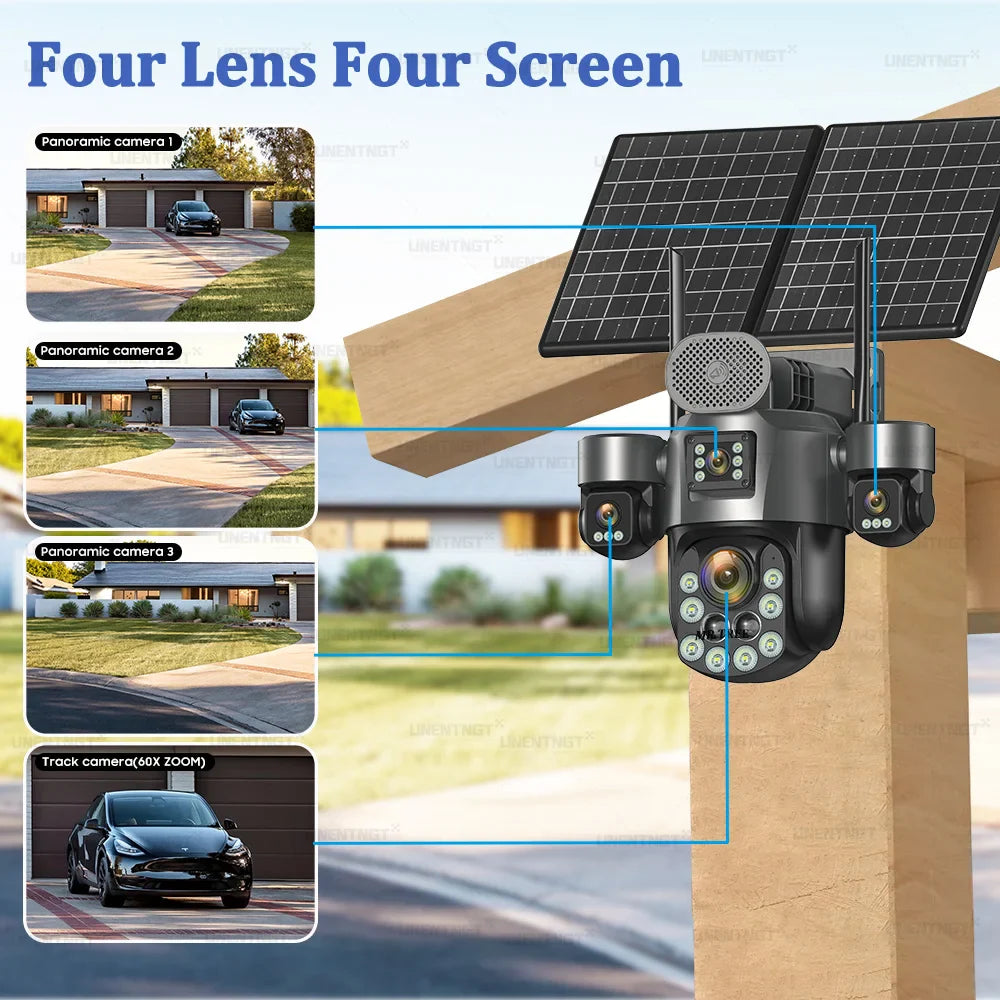 4G SIM Solar Security Camera Outdoor 4 Lens/Screen 60X Optical Zoom Human Track 360° PTZ CCTV Wireless Surveillance 24 Recording
