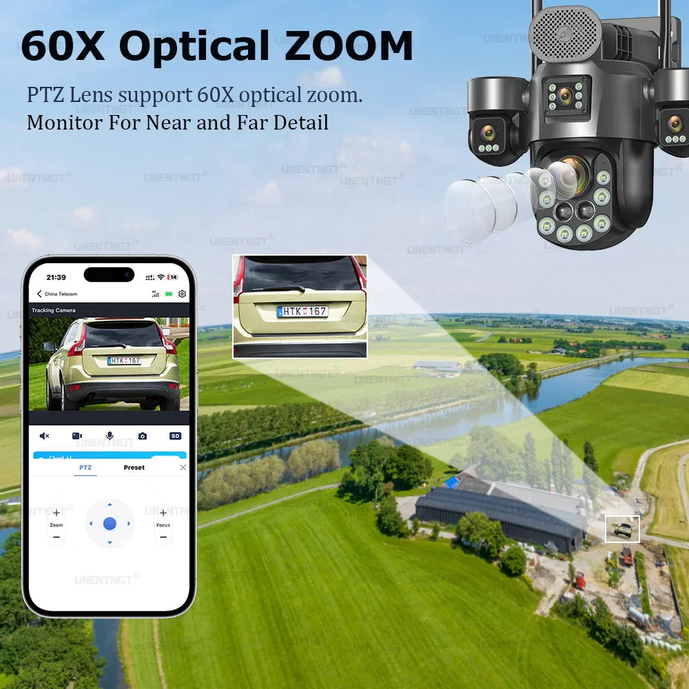 4G SIM Solar Security Camera Outdoor 4 Lens/Screen 60X Optical Zoom Human Track 360° PTZ CCTV Wireless Surveillance 24 Recording