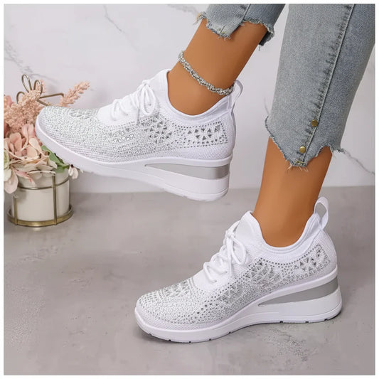 Women’s Rhinestone Wedge Sneakers - Breathable Knit Platform Walking Shoes