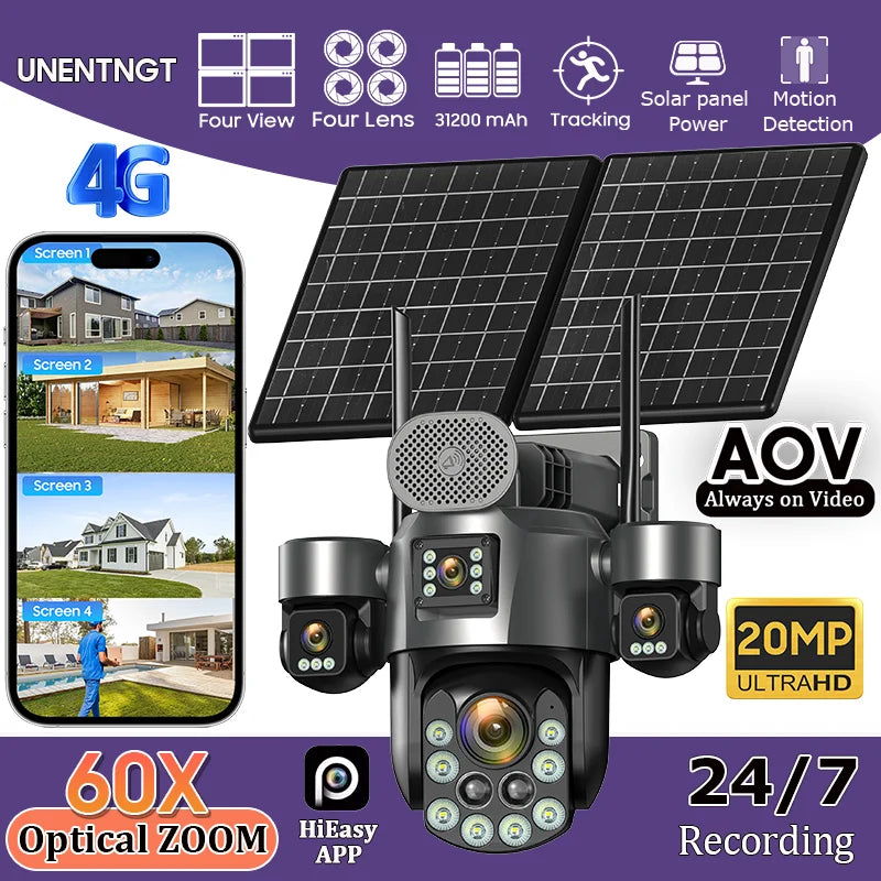 4G SIM Solar Security Camera Outdoor 4 Lens/Screen 60X Optical Zoom Human Track 360° PTZ CCTV Wireless Surveillance 24 Recording