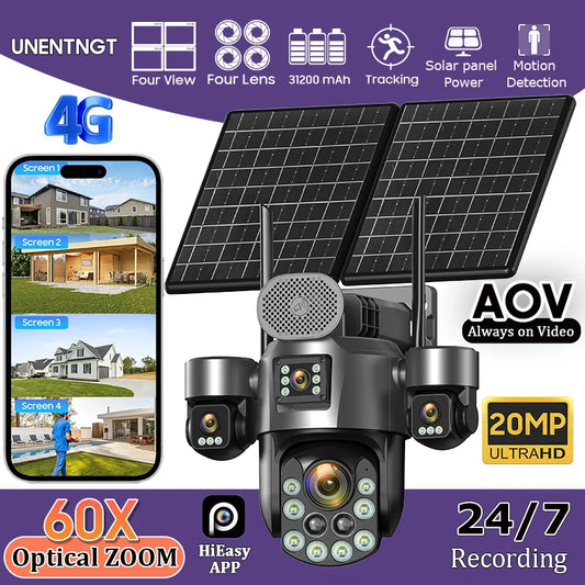4G SIM Solar Security Camera Outdoor 4 Lens/Screen 60X Optical Zoom Human Track 360° PTZ CCTV Wireless Surveillance 24 Recording