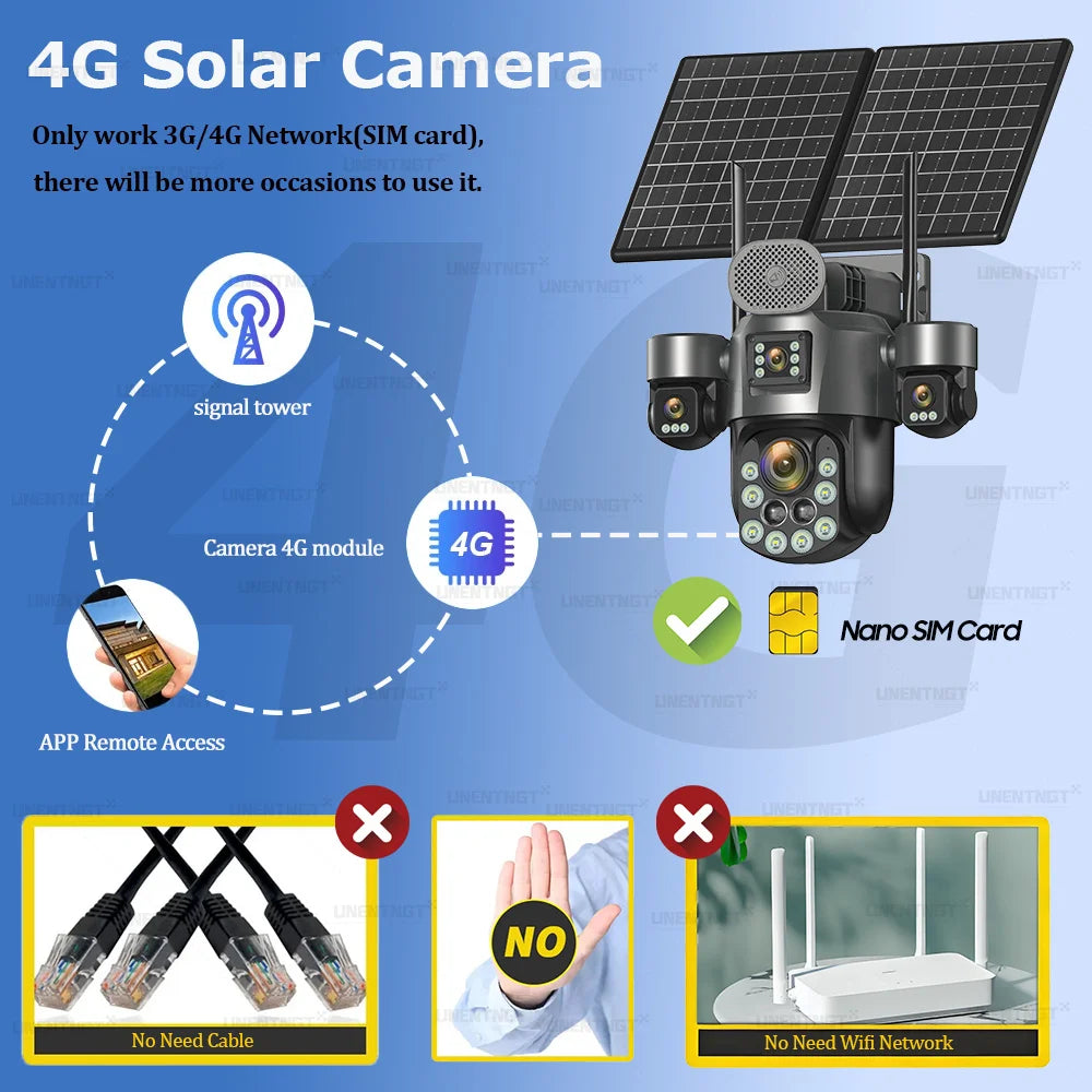 4G SIM Solar Security Camera Outdoor 4 Lens/Screen 60X Optical Zoom Human Track 360° PTZ CCTV Wireless Surveillance 24 Recording