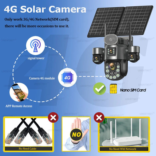 4G SIM Solar Security Camera Outdoor 4 Lens/Screen 60X Optical Zoom Human Track 360° PTZ CCTV Wireless Surveillance 24 Recording