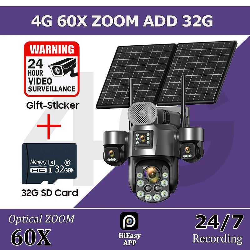 4G SIM Solar Security Camera Outdoor 4 Lens/Screen 60X Optical Zoom Human Track 360° PTZ CCTV Wireless Surveillance 24 Recording