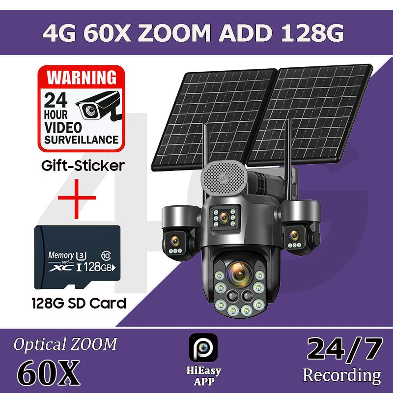 4G SIM Solar Security Camera Outdoor 4 Lens/Screen 60X Optical Zoom Human Track 360° PTZ CCTV Wireless Surveillance 24 Recording
