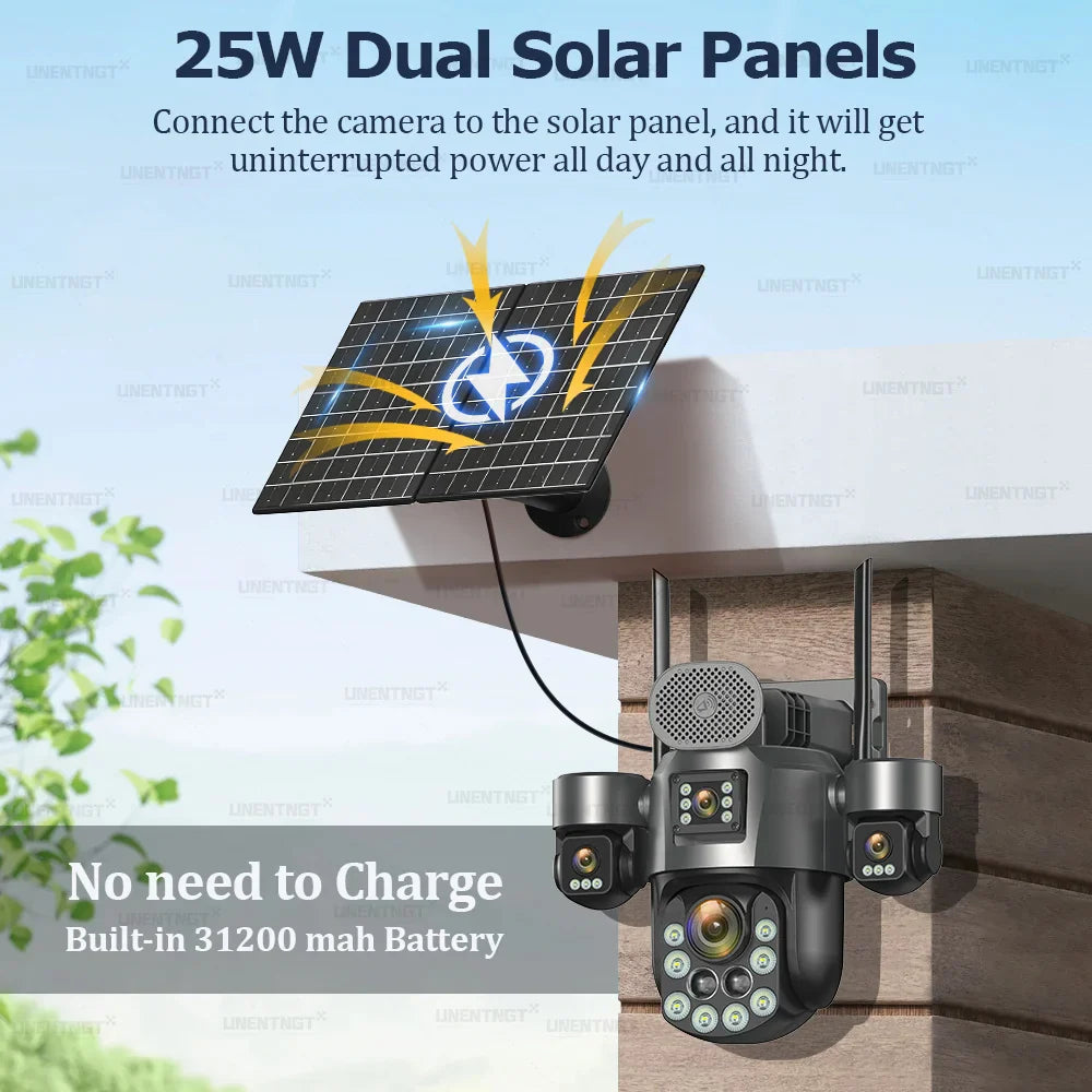 4G SIM Solar Security Camera Outdoor 4 Lens/Screen 60X Optical Zoom Human Track 360° PTZ CCTV Wireless Surveillance 24 Recording