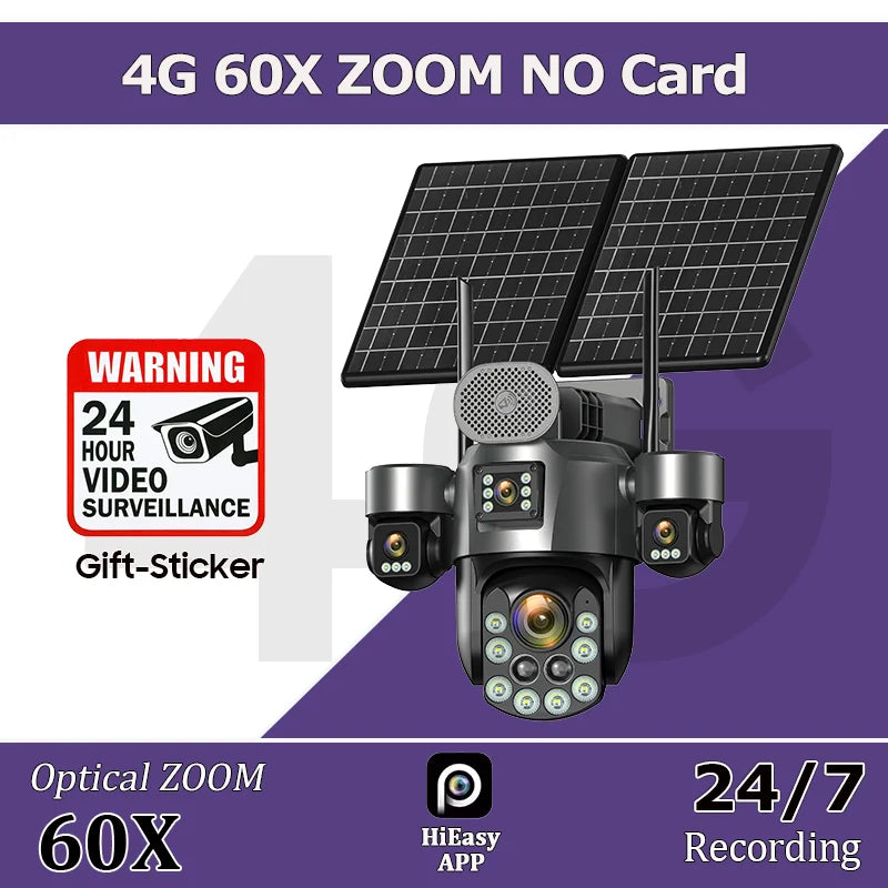 4G SIM Solar Security Camera Outdoor 4 Lens/Screen 60X Optical Zoom Human Track 360° PTZ CCTV Wireless Surveillance 24 Recording