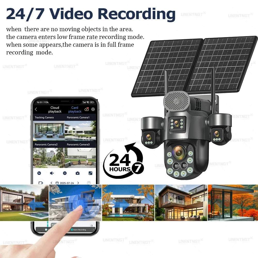 4G SIM Solar Security Camera Outdoor 4 Lens/Screen 60X Optical Zoom Human Track 360° PTZ CCTV Wireless Surveillance 24 Recording