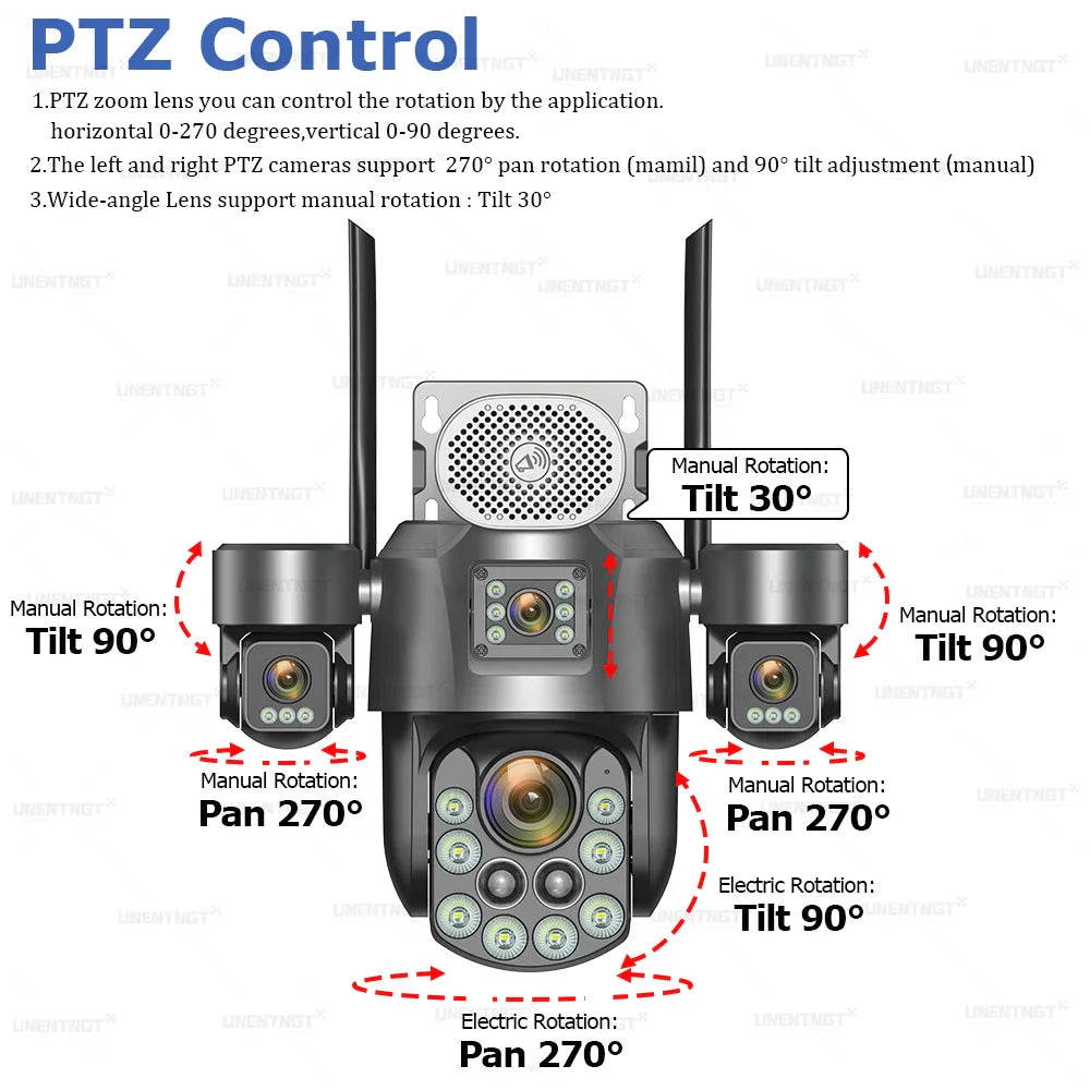 4G SIM Solar Security Camera Outdoor 4 Lens/Screen 60X Optical Zoom Human Track 360° PTZ CCTV Wireless Surveillance 24 Recording