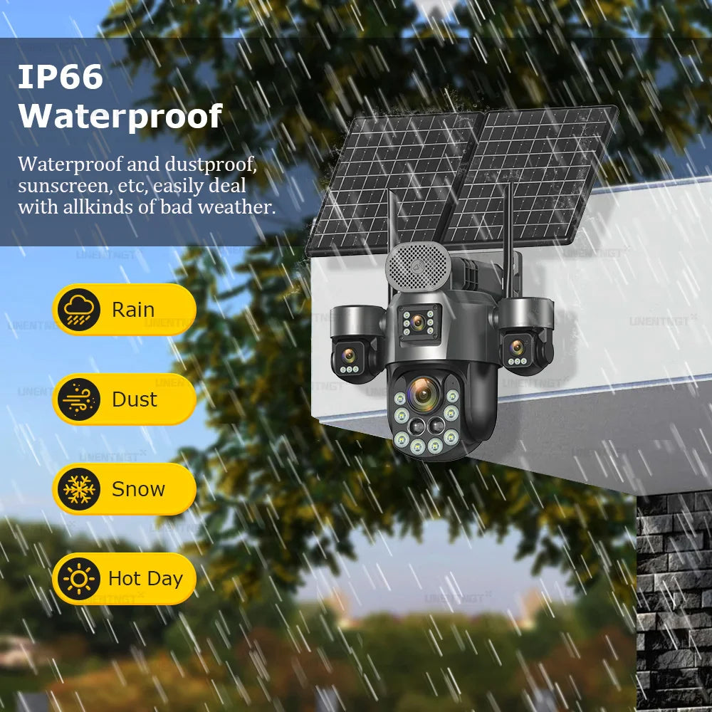 4G SIM Solar Security Camera Outdoor 4 Lens/Screen 60X Optical Zoom Human Track 360° PTZ CCTV Wireless Surveillance 24 Recording