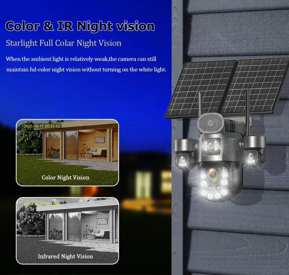 4G SIM Solar Security Camera Outdoor 4 Lens/Screen 60X Optical Zoom Human Track 360° PTZ CCTV Wireless Surveillance 24 Recording