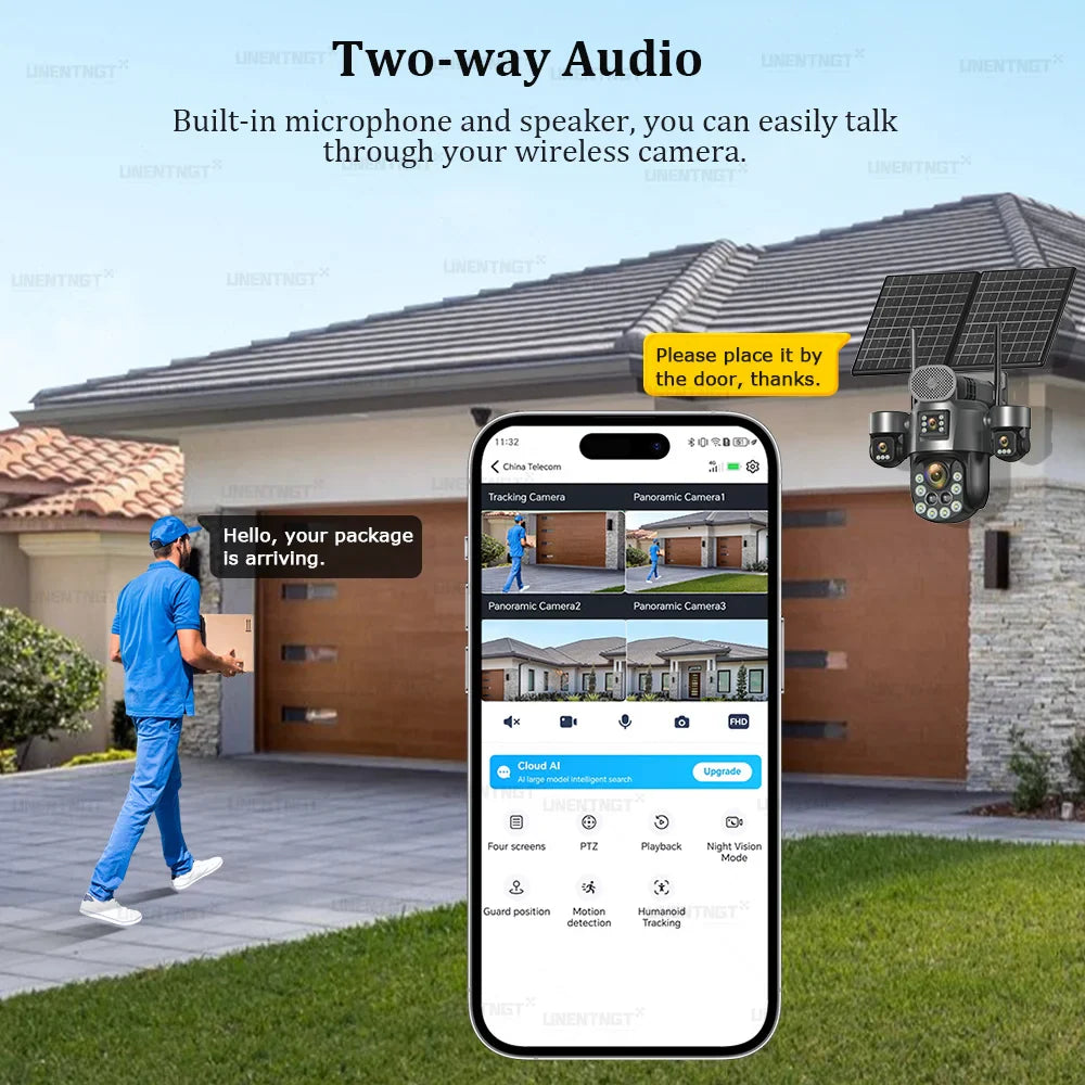 4G SIM Solar Security Camera Outdoor 4 Lens/Screen 60X Optical Zoom Human Track 360° PTZ CCTV Wireless Surveillance 24 Recording