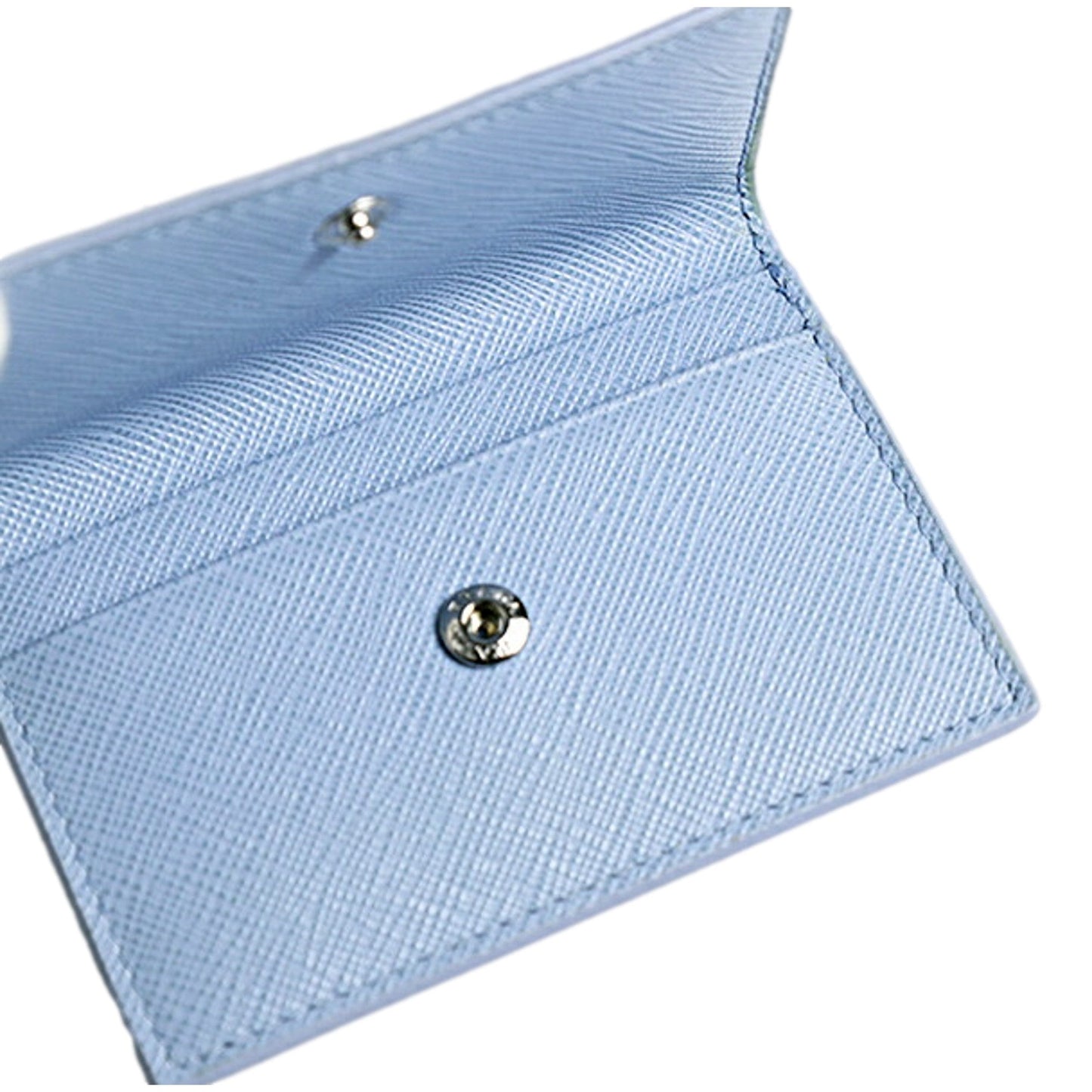 Prada Saffiano Celeste Blue Leather Small Snap Card Holder Wallet Triangle Logo