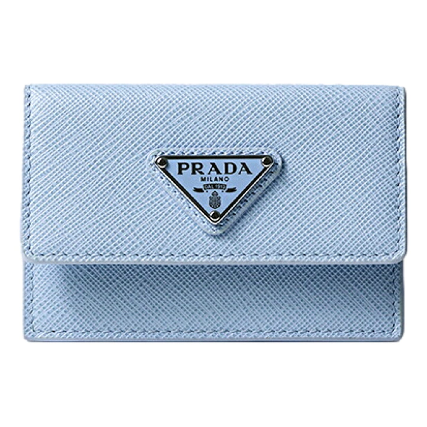 Prada Saffiano Celeste Blue Leather Small Snap Card Holder Wallet Triangle Logo