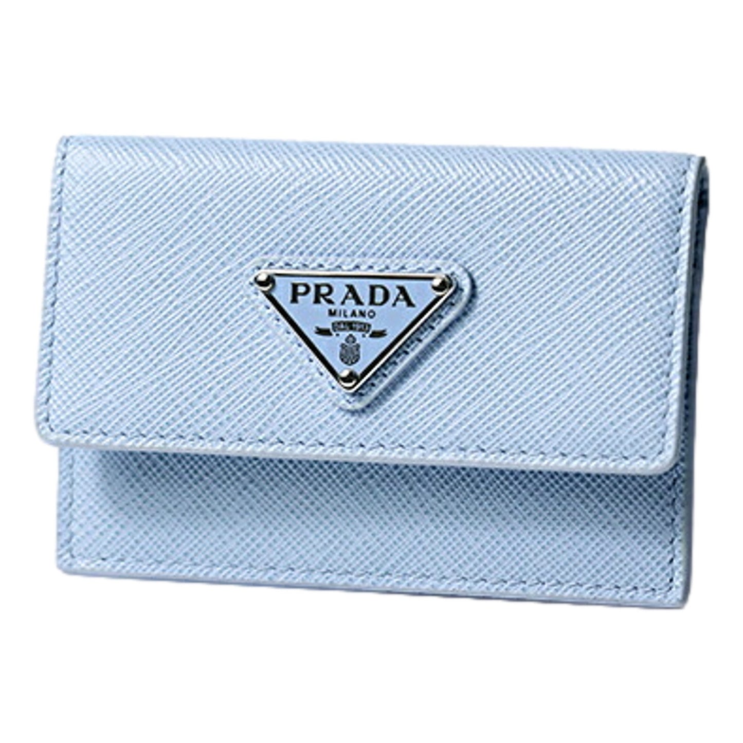 Prada Saffiano Celeste Blue Leather Small Snap Card Holder Wallet Triangle Logo