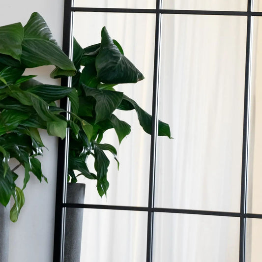 Tomi - Full Length Black Metal Arched Lattice Window Mirror - 180cm x 105cm.
