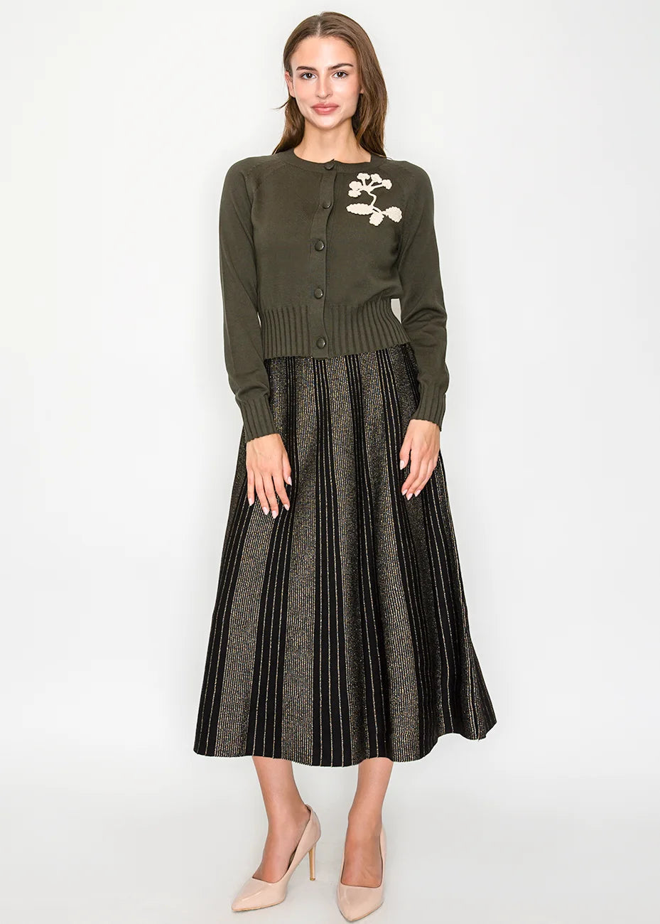 Embroidered Ribbed Hem Cardigan in Olive