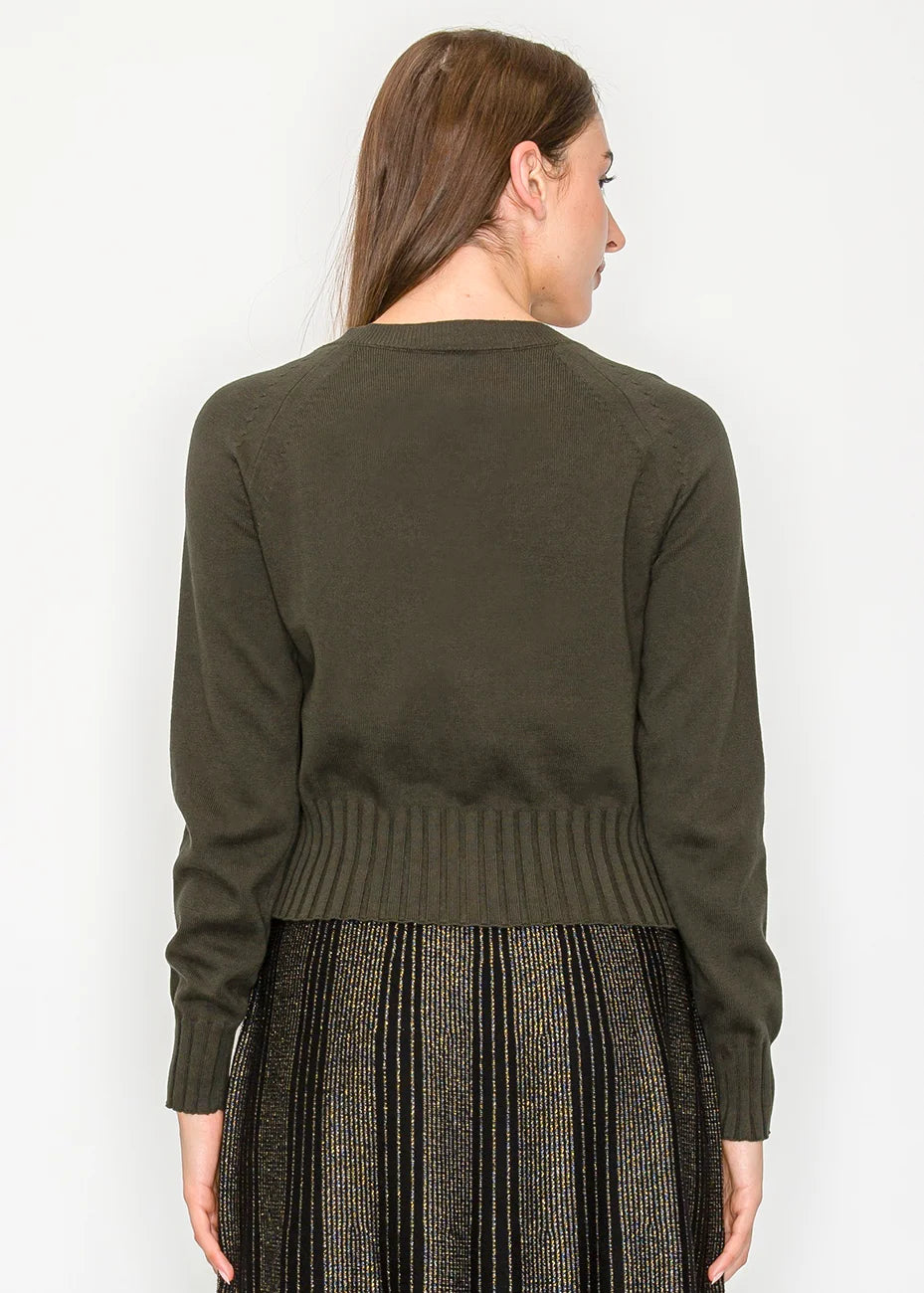 Embroidered Ribbed Hem Cardigan in Olive
