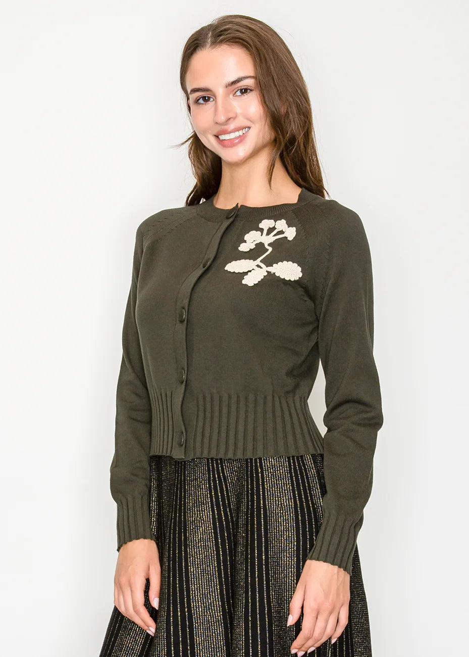 Embroidered Ribbed Hem Cardigan in Olive