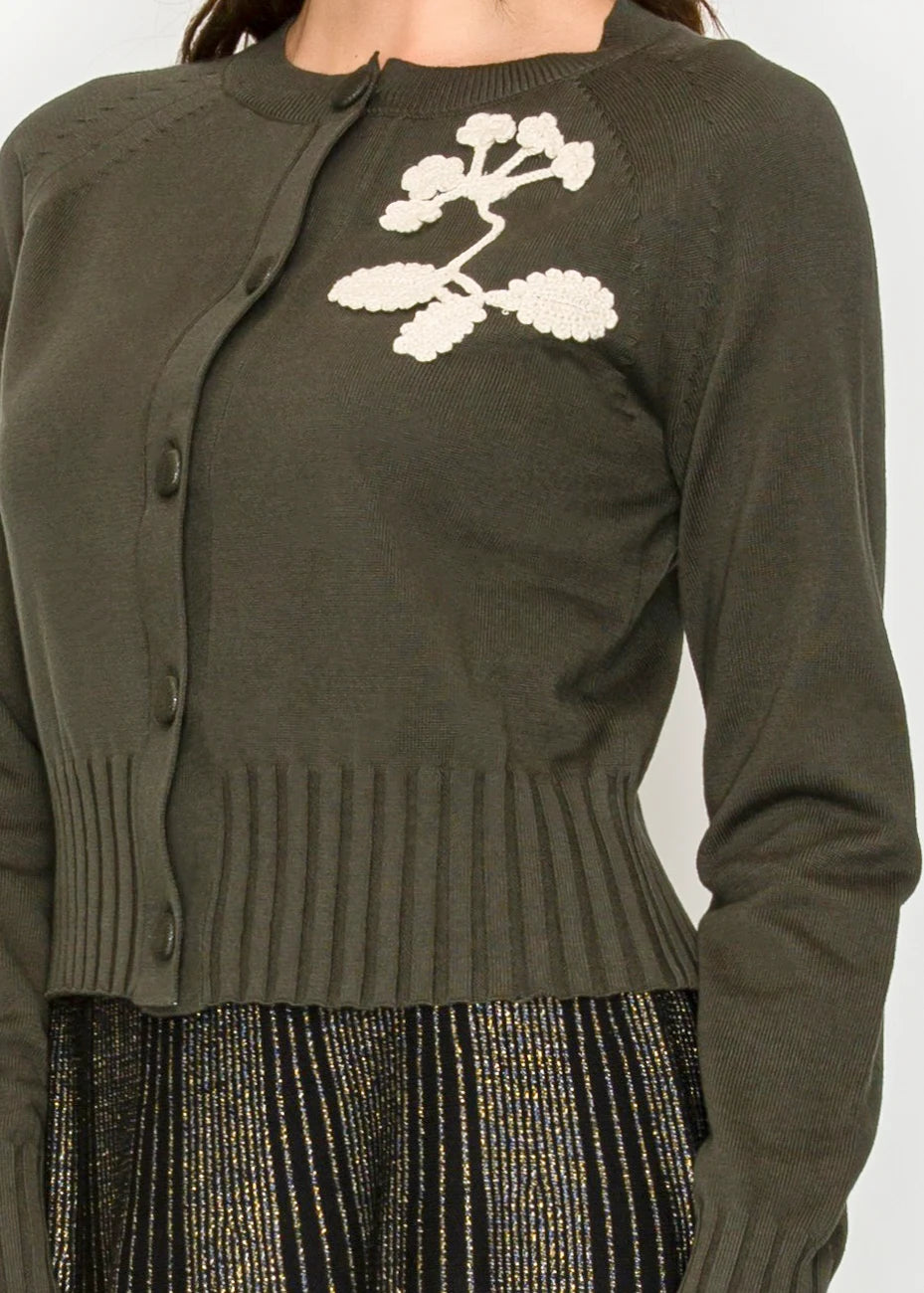Embroidered Ribbed Hem Cardigan in Olive