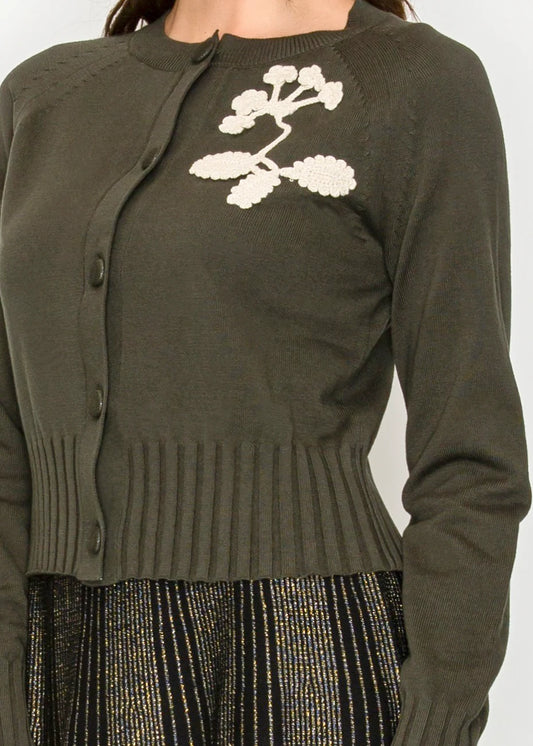 Embroidered Ribbed Hem Cardigan in Olive