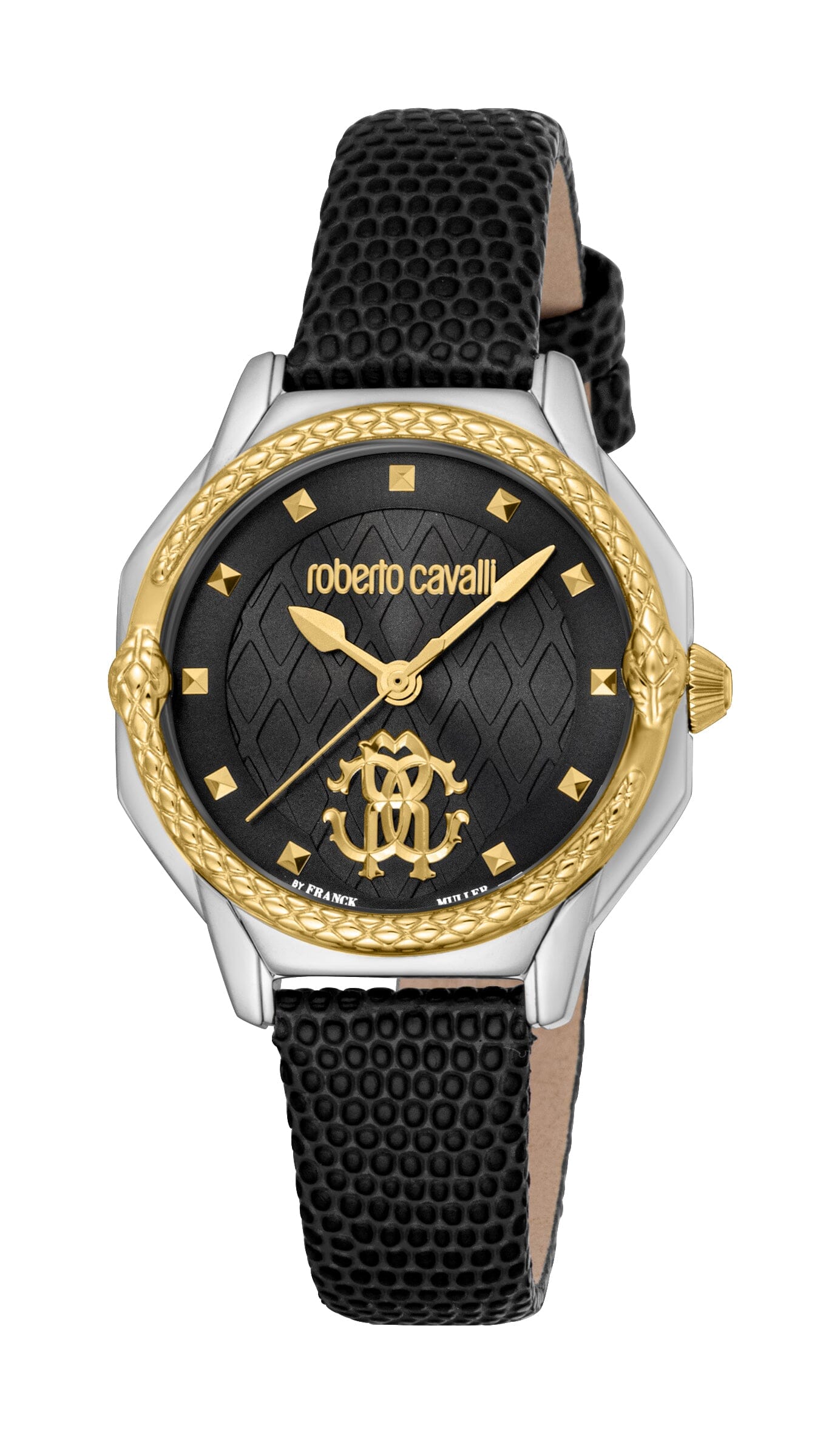 Women's Roberto Cavalli by Franck Muller Two Tone Silver & Gold Quartz Black Leather Strap Watch