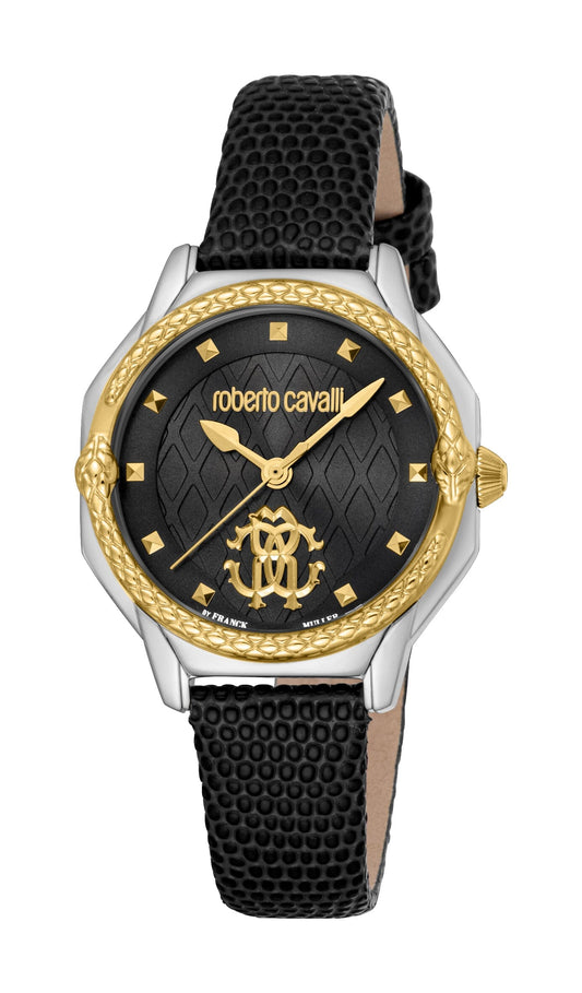 Women's Roberto Cavalli by Franck Muller Two Tone Silver & Gold Quartz Black Leather Strap Watch